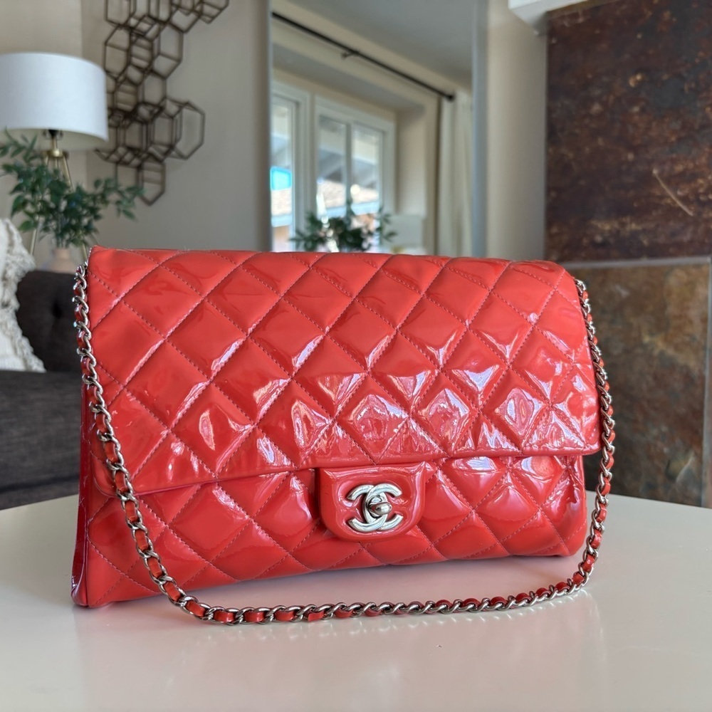 Chanel CC Quilted Patent Flap Clutch Chain Orange Silver Shoulder Bag Purse - Picture 2 of 16